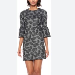 NWT Calvin Klein Diamond Quilted Mini Dress Gray & Black Floral Bell Sleeve 8